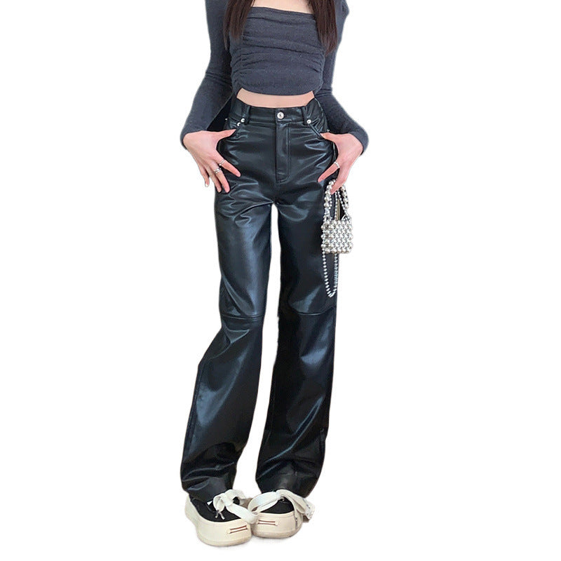 Hong Kong Style High Waist Slimming Sense Of Design Leather Trousers